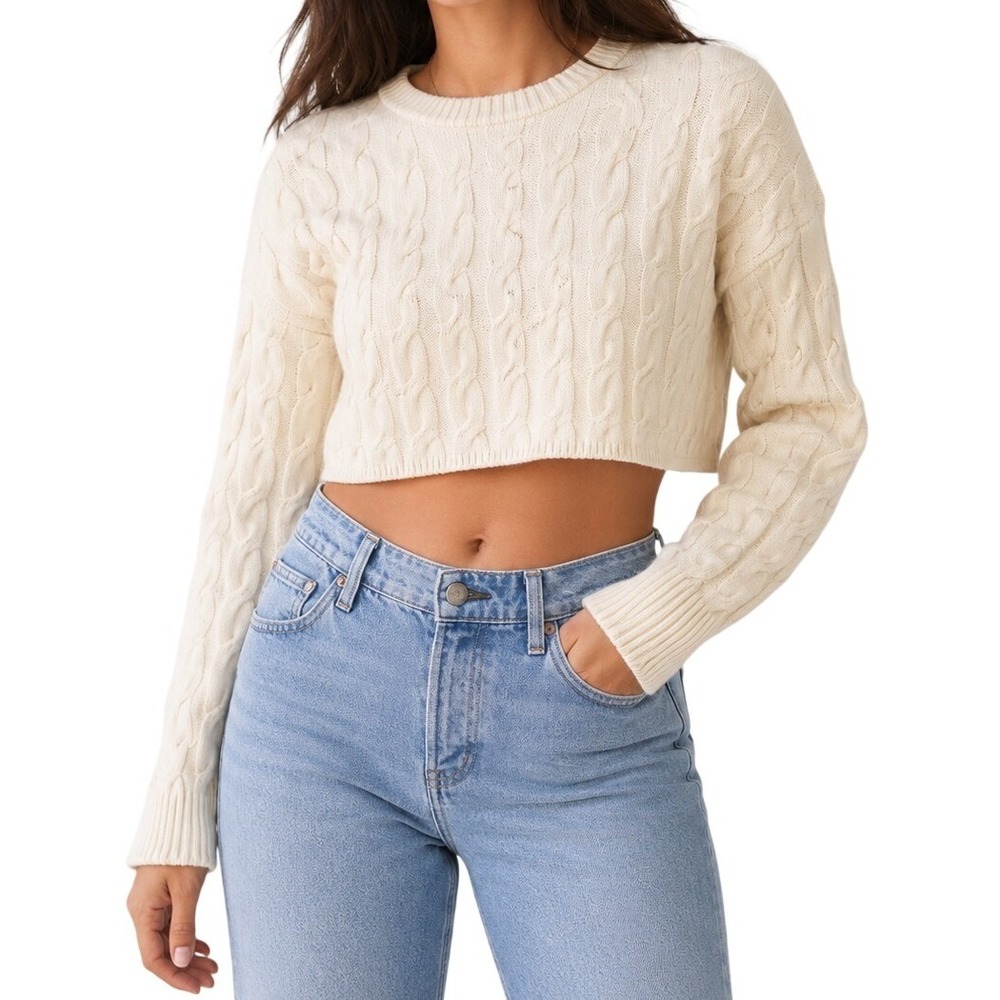 Babaton Aritzia Cream Cable Knit Cropped‎ Sweater Womens L